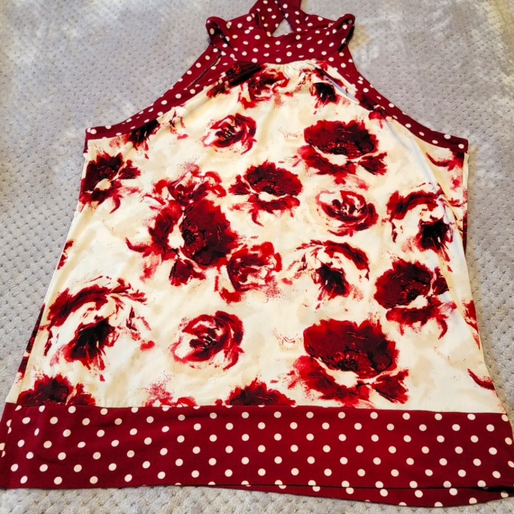 WHBM  sleeveless top, burgandy, tan and white floral print.  XL